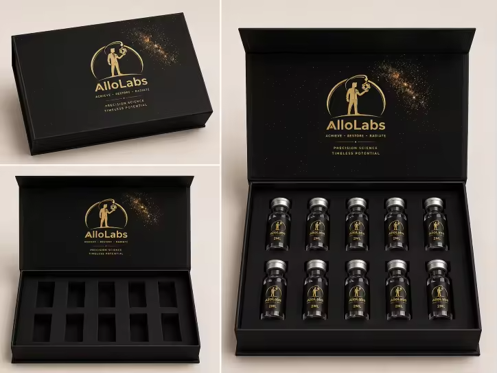 AlloLabs UK packaging — closed box, foam tray and filled vial tray