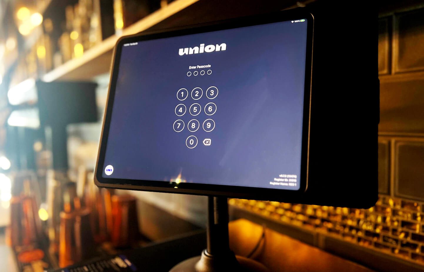 Union POS iPad passcode lock screen mounted at a bar