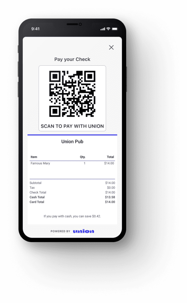 Union POS QR code pay-your-check screen with dual pricing