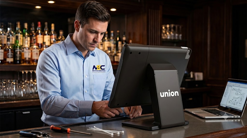 MSC technician installing Union POS system at a bar
