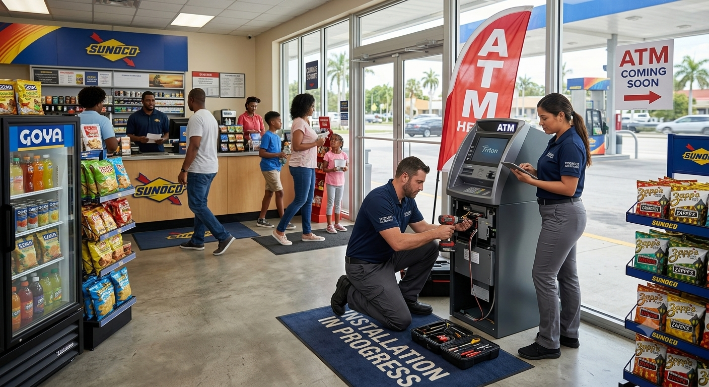 MSC ATM installation team programming a Triton ATM at a Sunoco convenience store during a live deployment