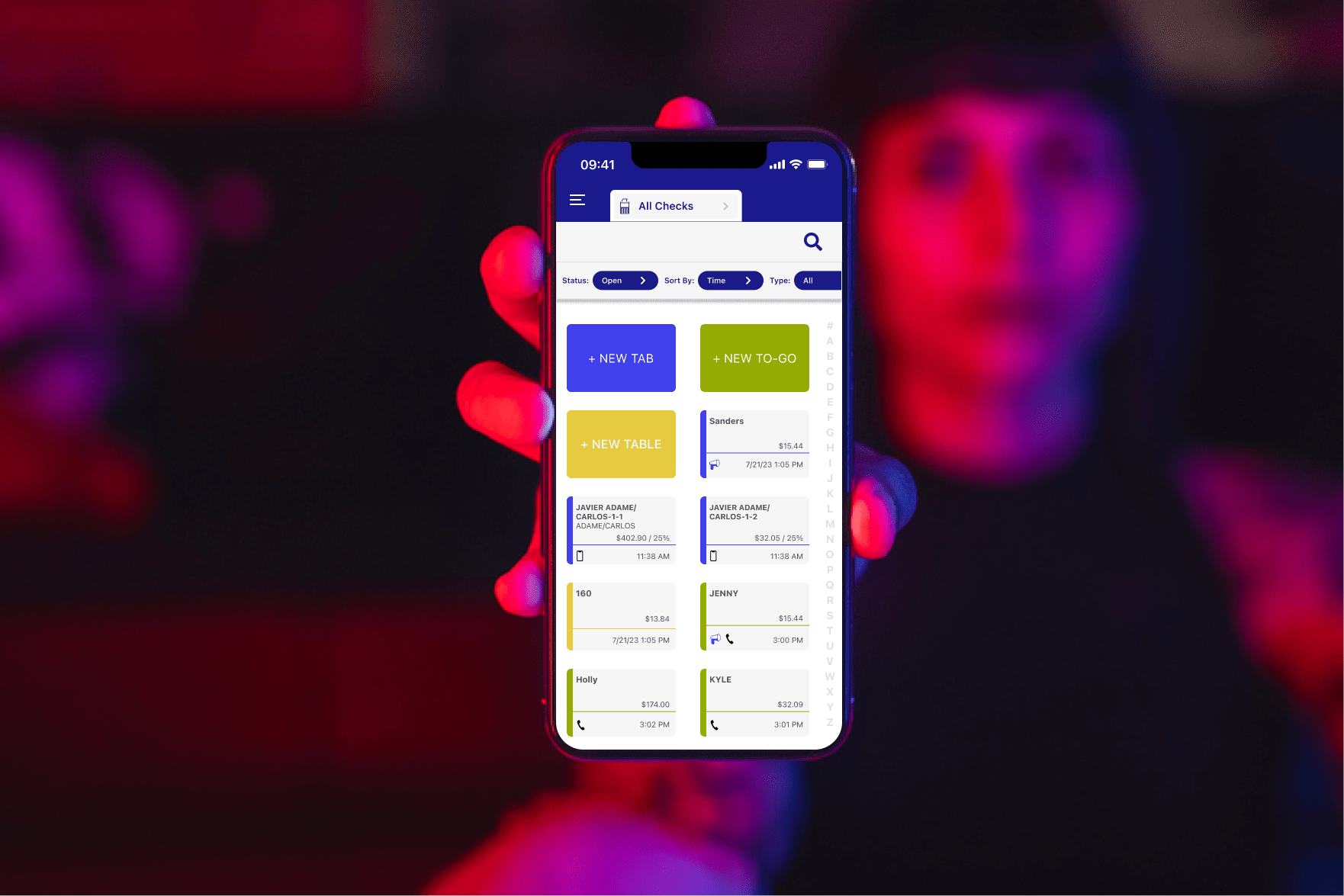 Union Pocket handheld iPhone POS all-checks screen showing open bar tabs