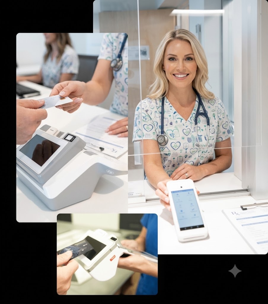 Healthcare professional accepting a Merchant Solutions Corp Payanywhere Smart Terminal payment at the clinic front desk