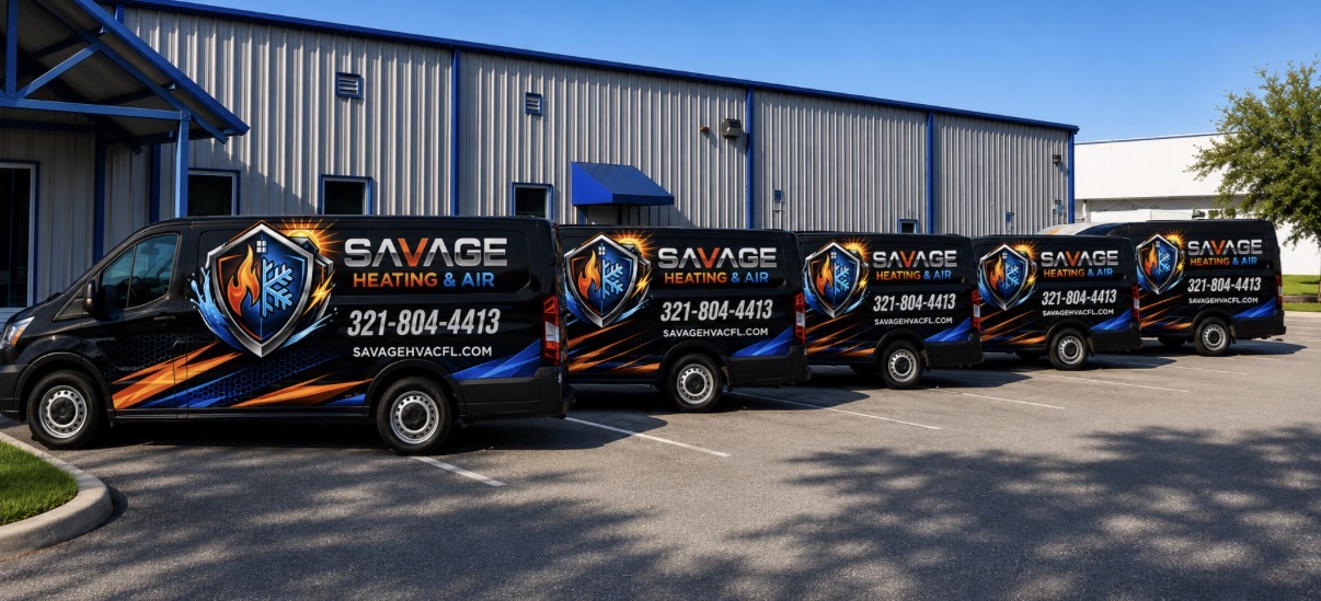 Savage Heating & Air service fleet — branded vans