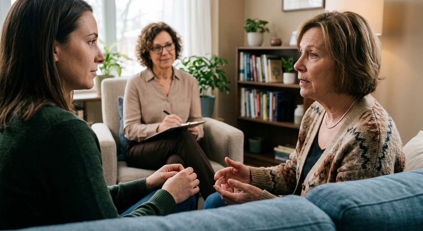An adult child and parent process disorganized attachment during a specialized therapy session, highlighting how Ketamine-Assisted Psychotherapy helps soften subconscious emotional defenses to heal deep-seated family trauma.