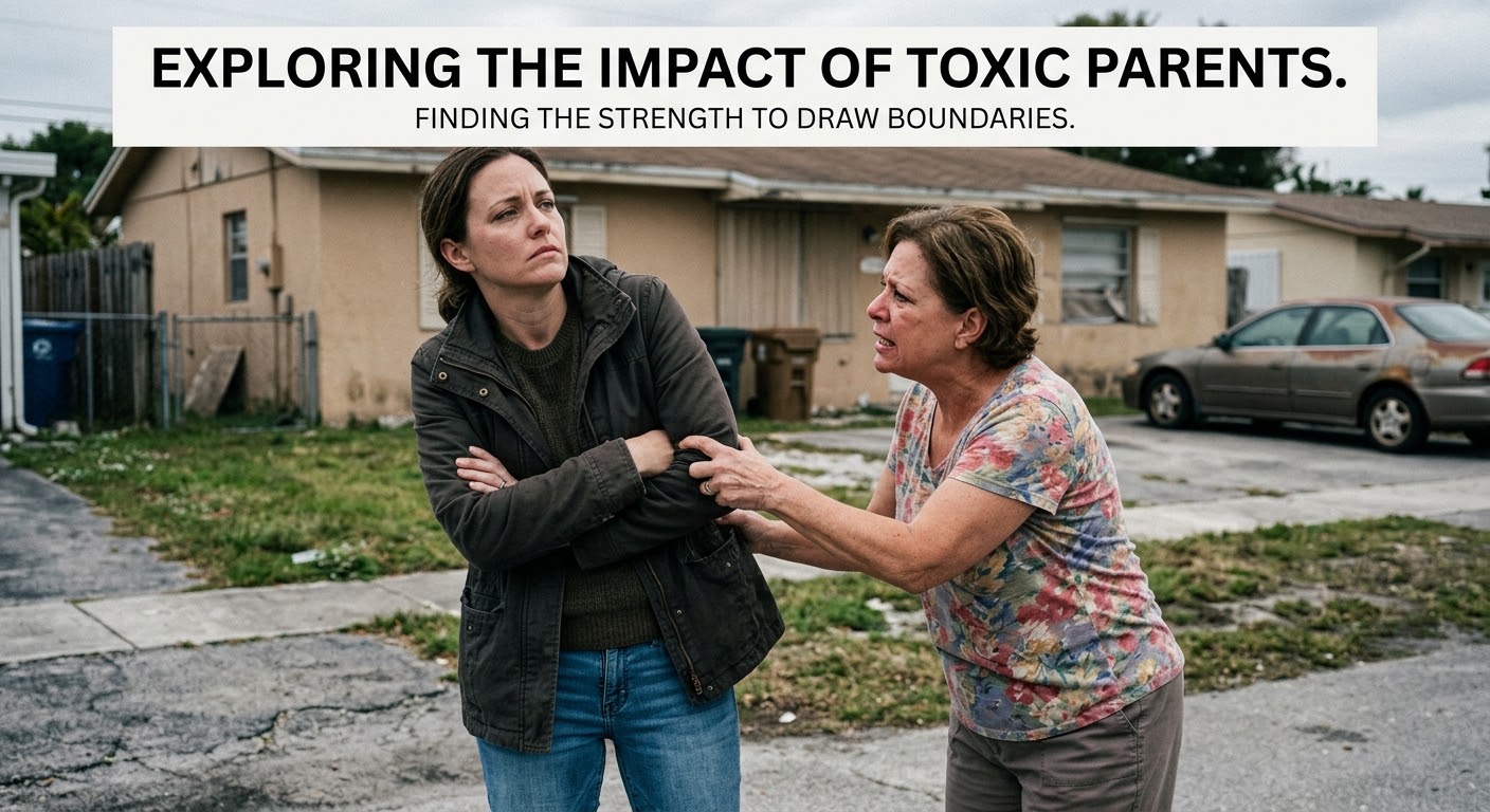 An adult daughter standing with crossed arms looking away while an older woman reaches toward her outside a suburban home