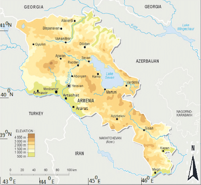 Elevation map of Armenia showing the Ararat region