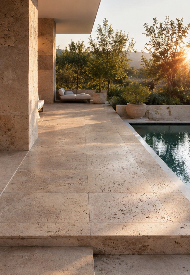 Luxury travertine poolside installation