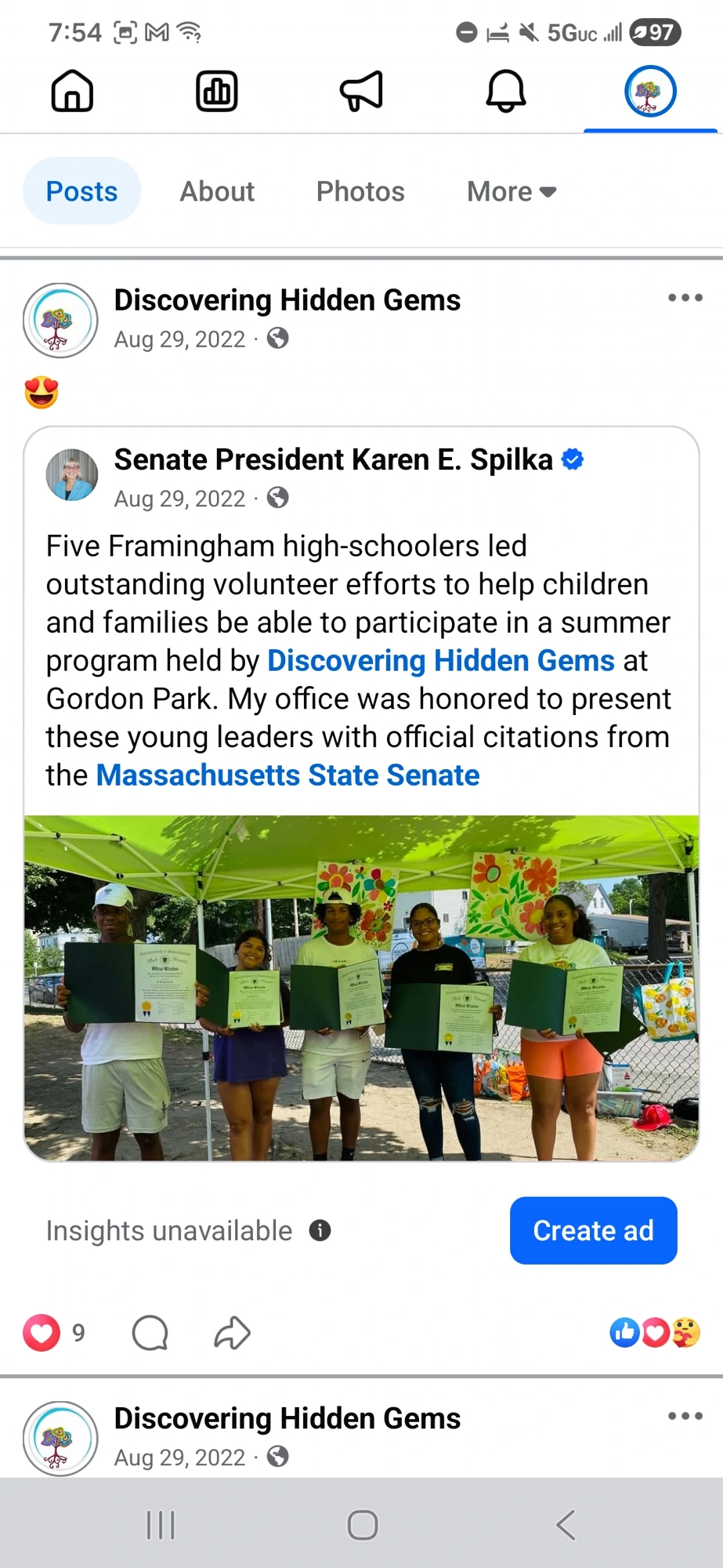 Facebook post from Senate President Karen E. Spilka honoring five Framingham high-schoolers with State Senate citations for volunteer leadership at Gordon Park