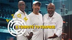 A.T.O.M. band group photo with the Tribute to Frankie Beverly & Maze sign