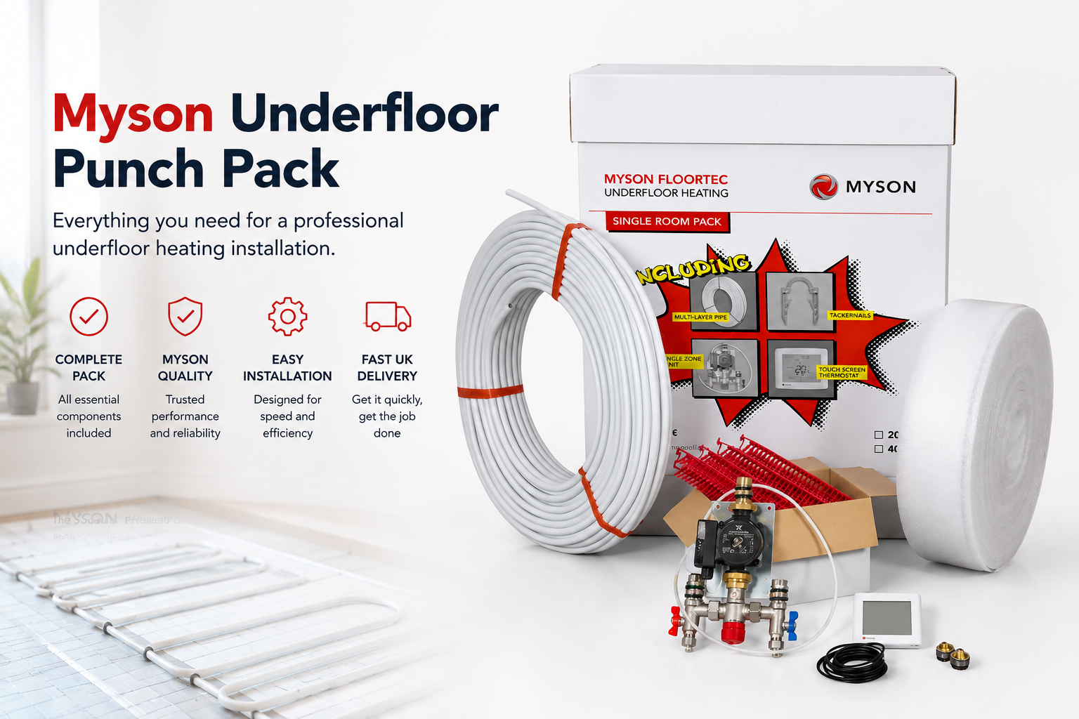 Myson Floortec Underfloor Punch Pack — complete single-room underfloor heating kit including multi-layer pipe, tacker nails, single zone unit and touch-screen thermostat