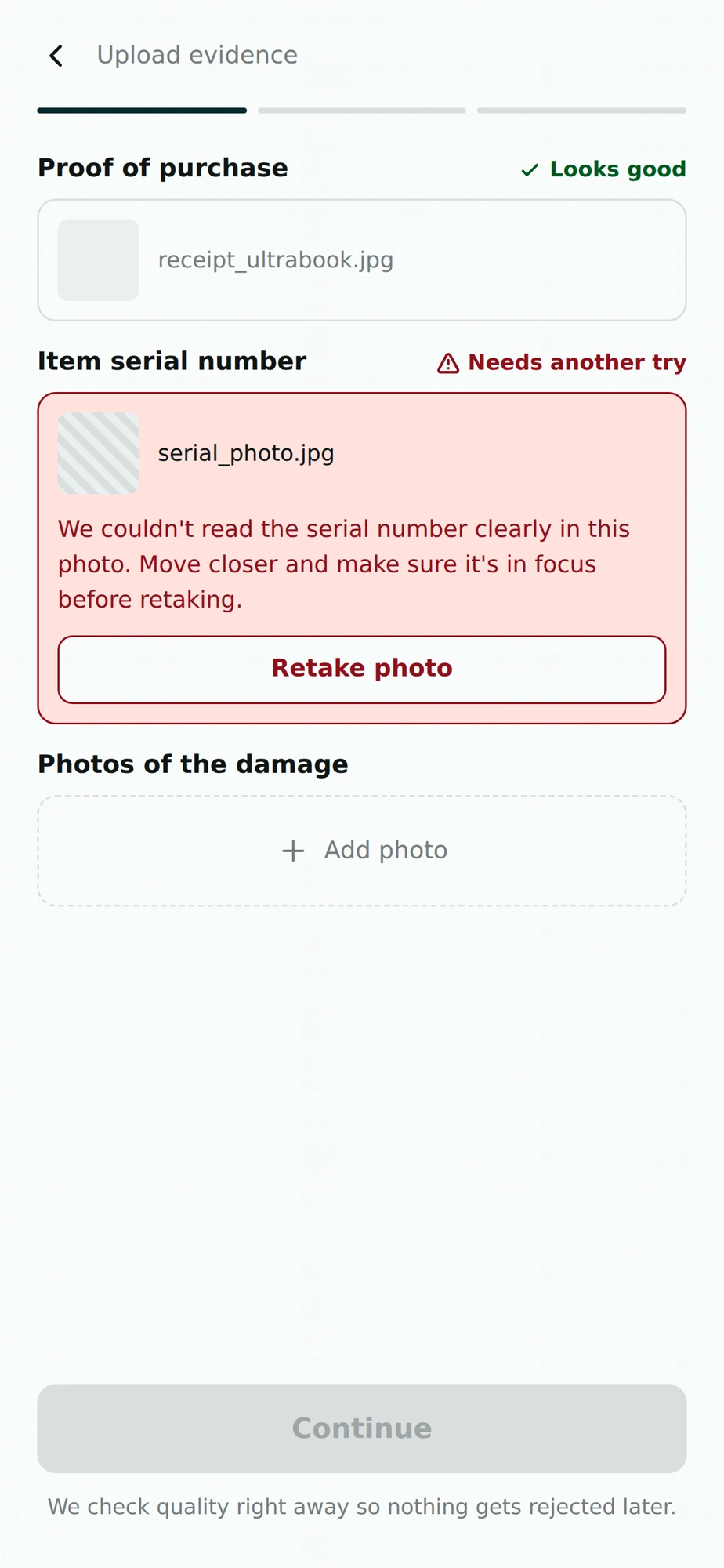 Flagged, recoverable upload state showing which files need another try.