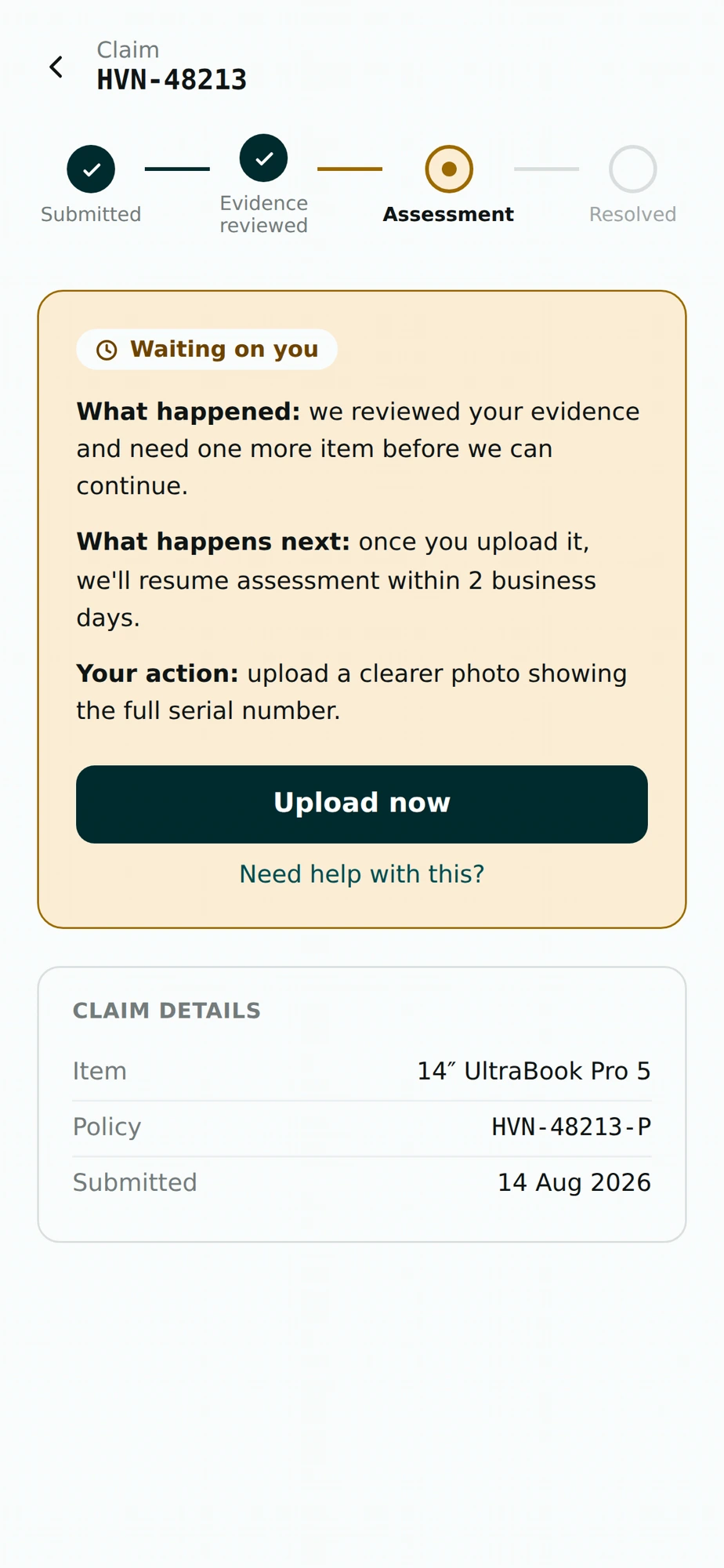 The customer's claim timeline with the same owner, action and due date.