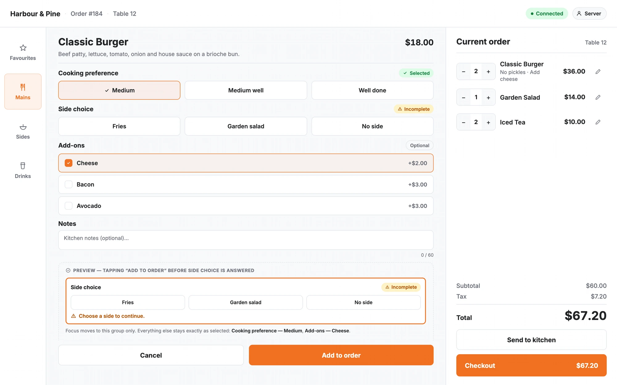Modifier screen for a restaurant order showing selected, optional and incomplete required choices.