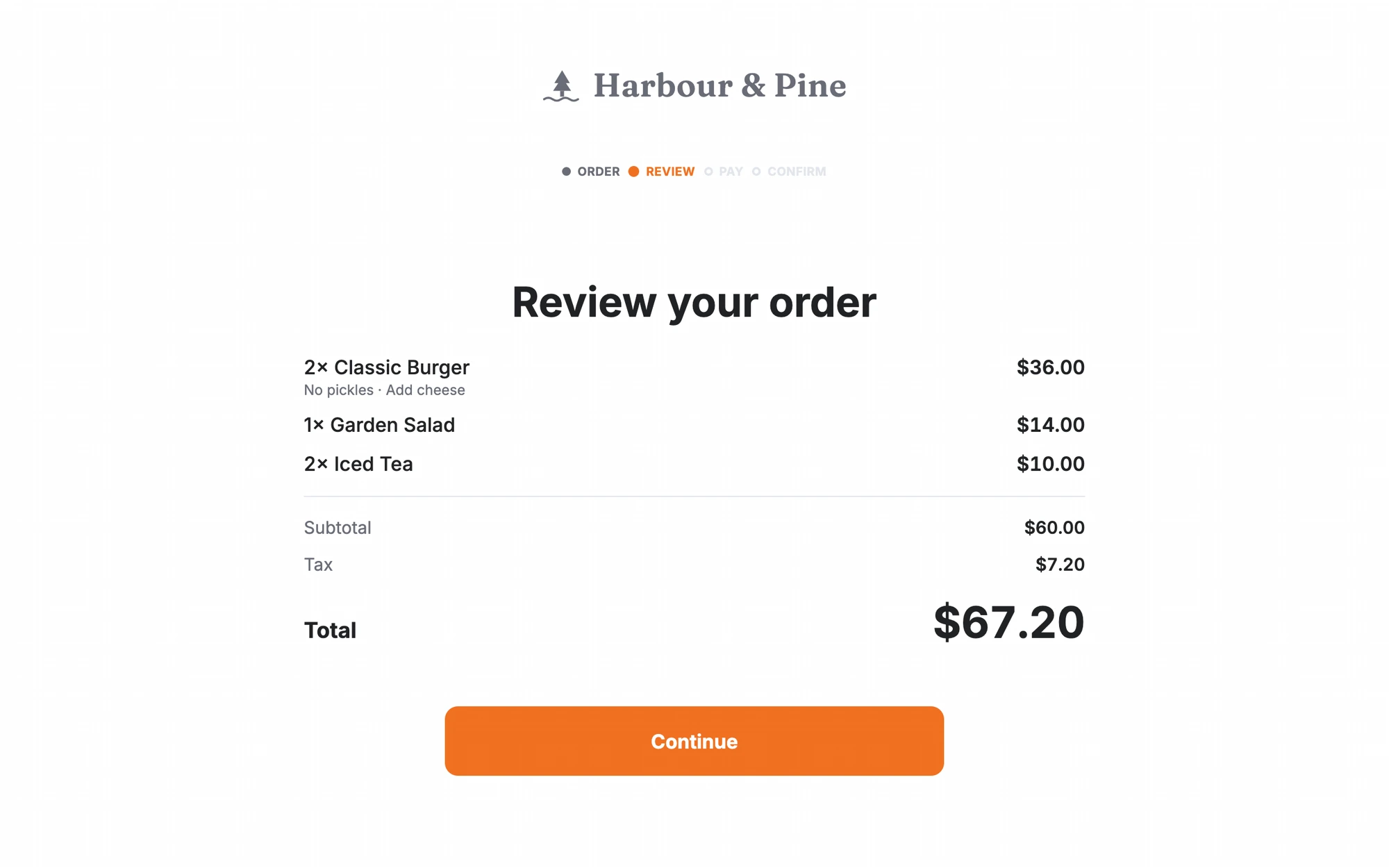 Customer-facing order-review screen showing items, subtotal, tax and the transaction total.