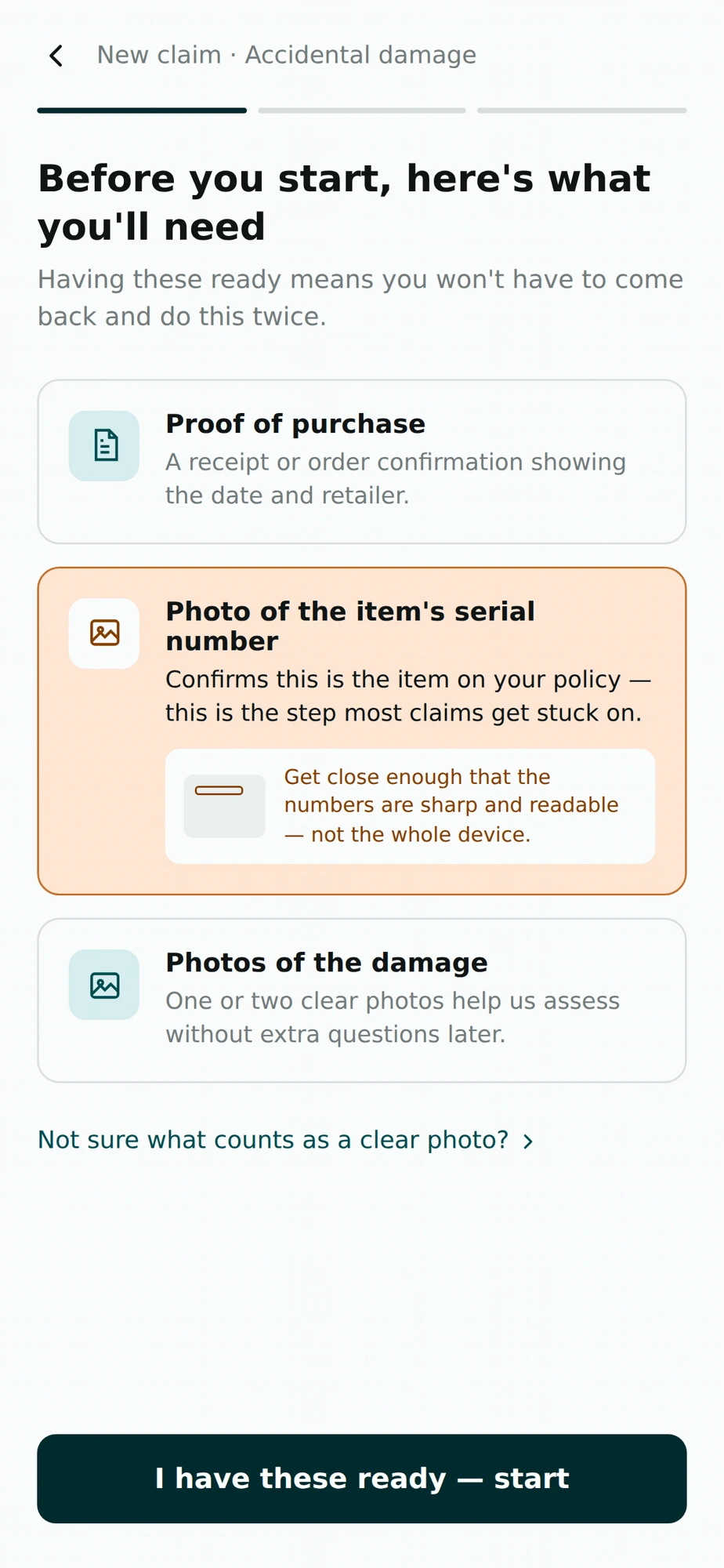 Pre-upload checklist with an annotated serial-number example.