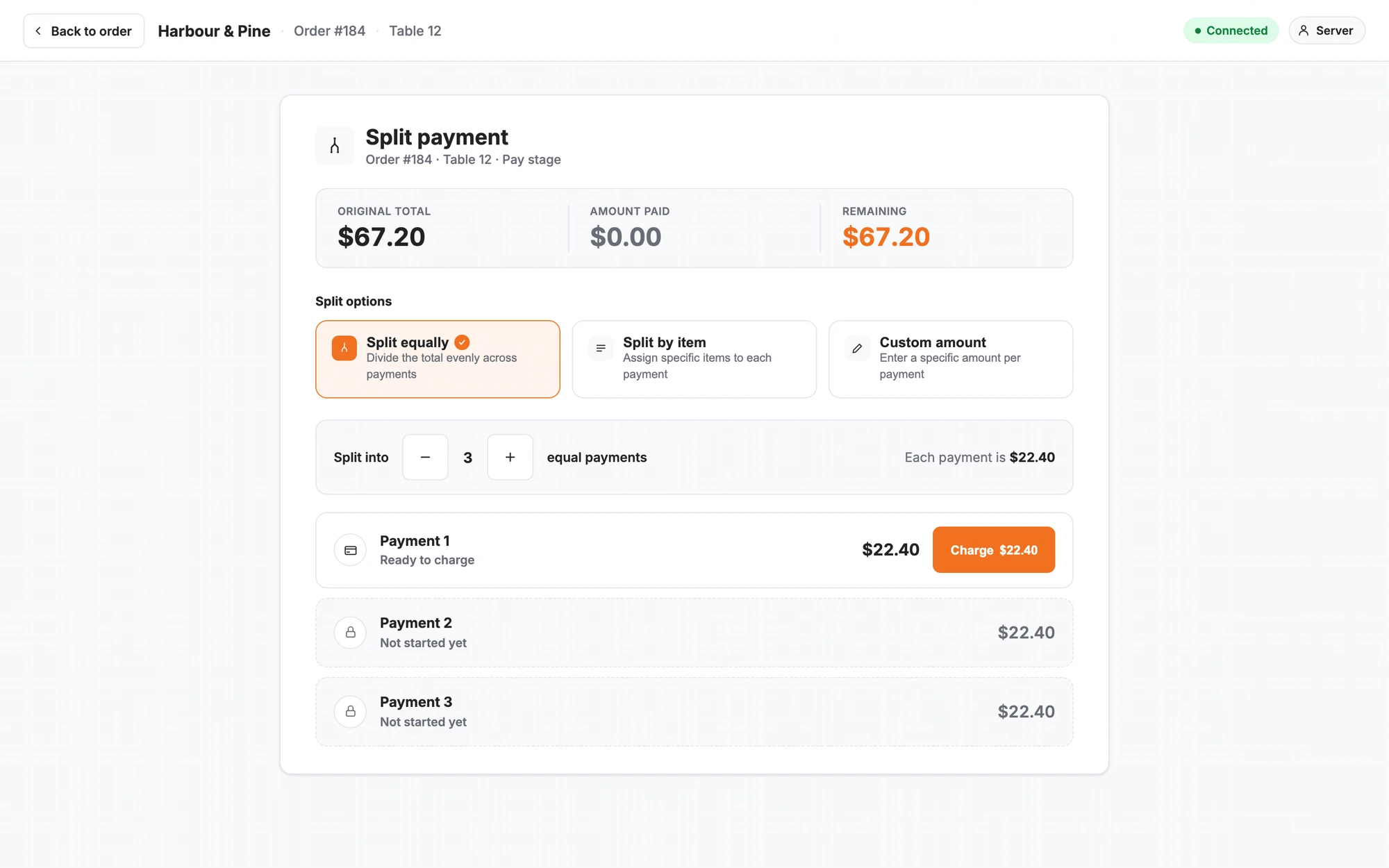 Split-payment screen dividing an order into three equal payments while preserving the total, paid amount and remaining balance.