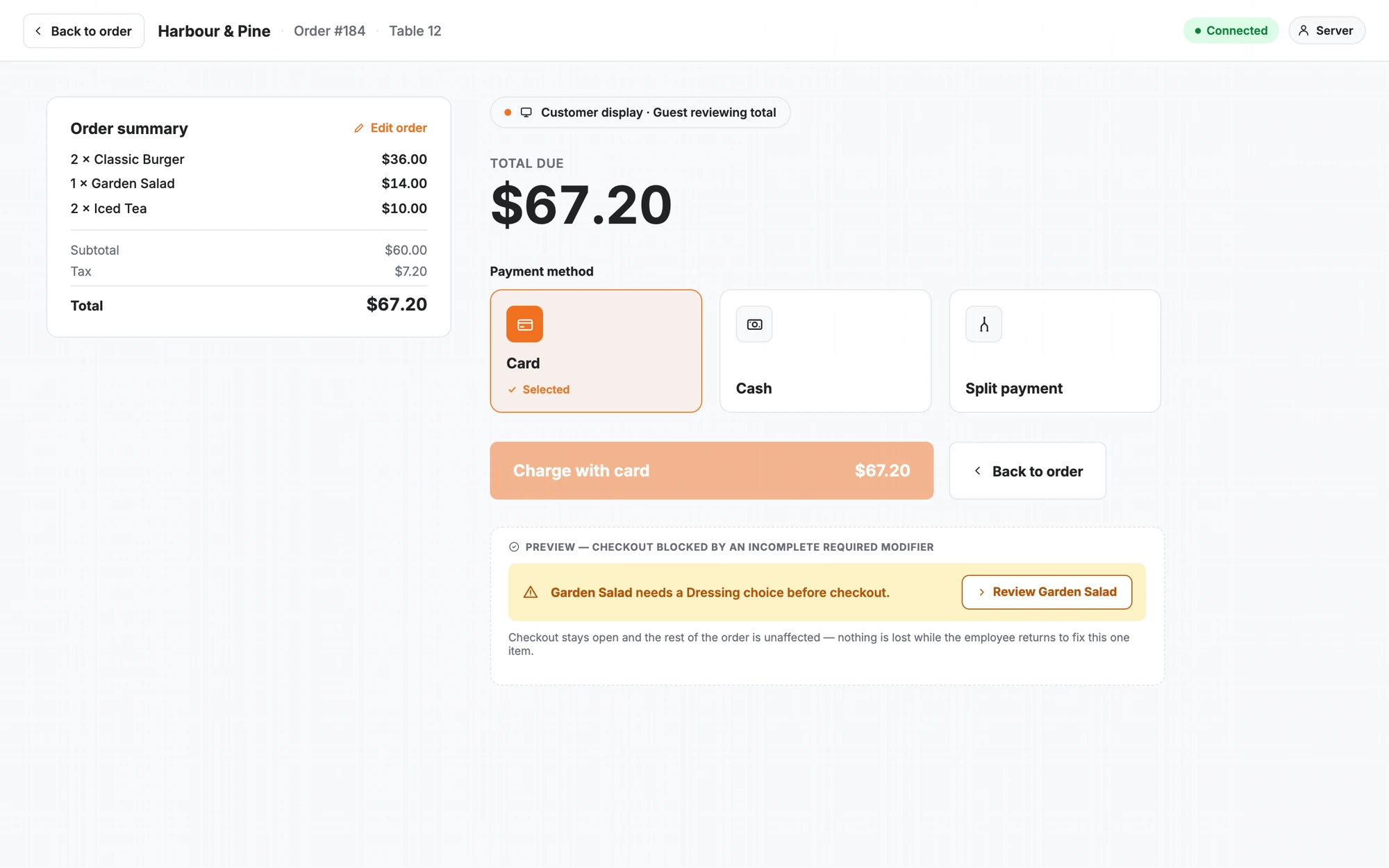 Employee checkout screen with order summary, payment methods, total due and customer-display status.