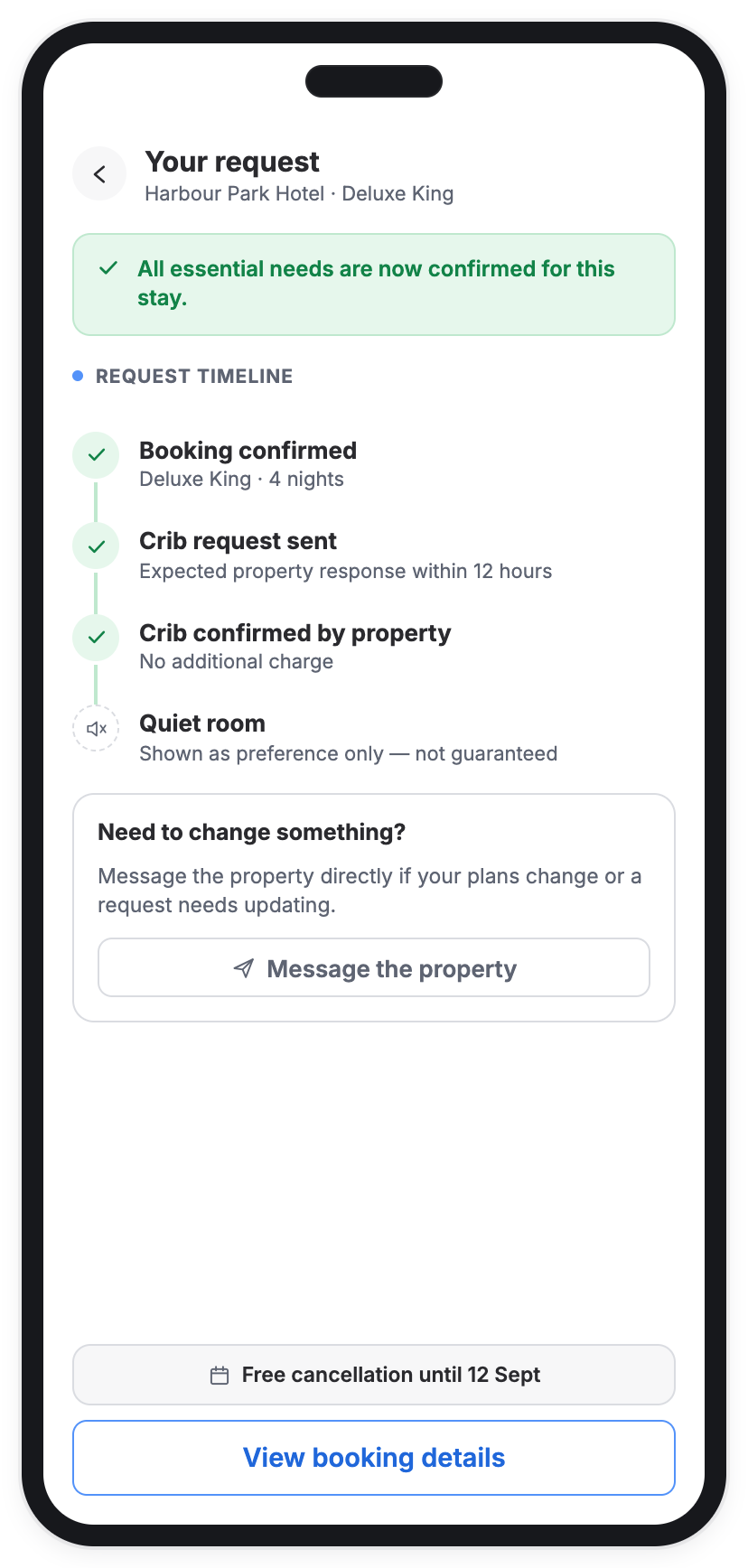 Post-booking tracker showing crib-request and property-confirmation statuses.