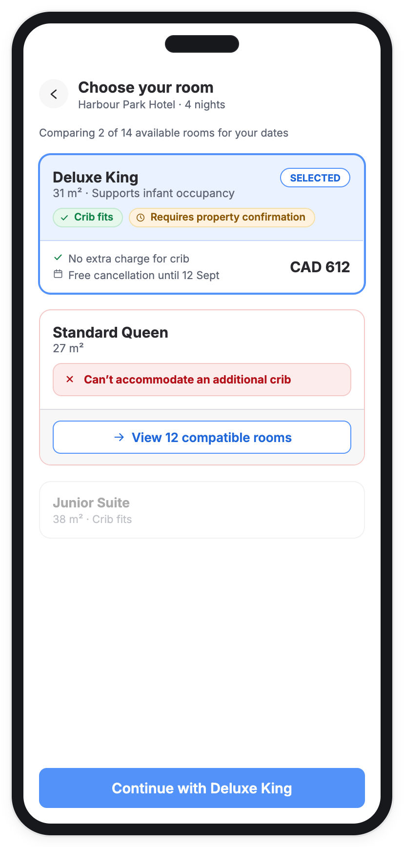 Room-selection comparison showing compatible, confirmation-needed and incompatible rooms.