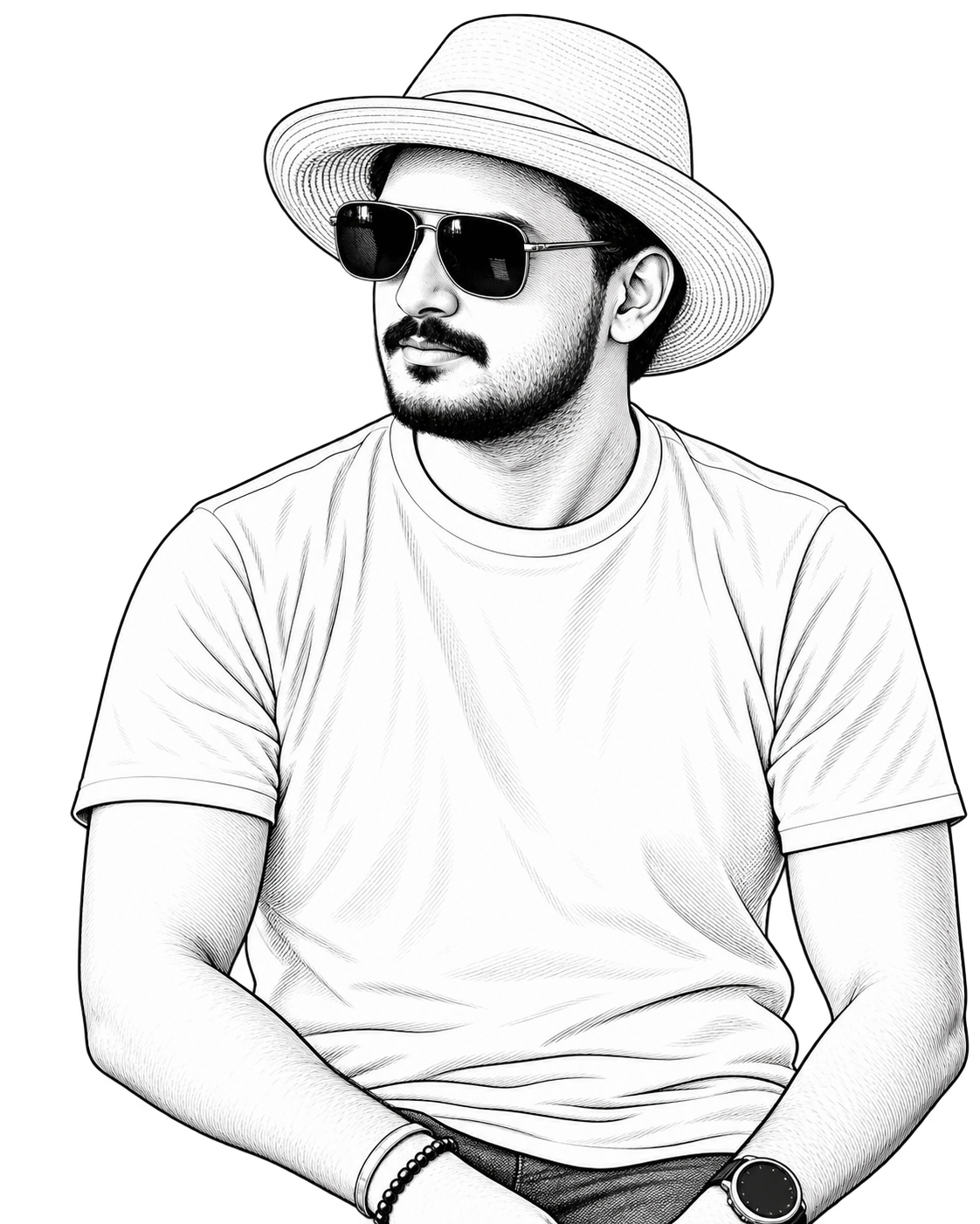 Line-drawn portrait of Danura Jayakody wearing a hat and sunglasses.