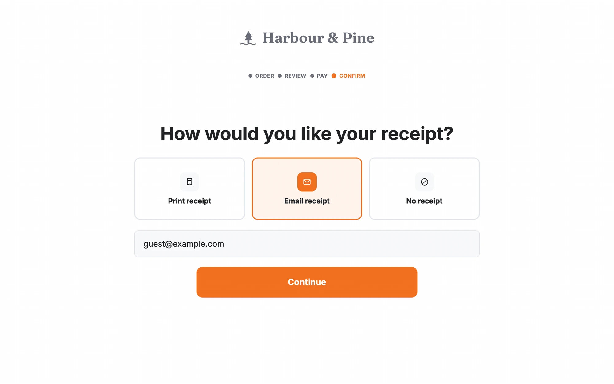 Customer-facing receipt screen with print, email and no-receipt options.