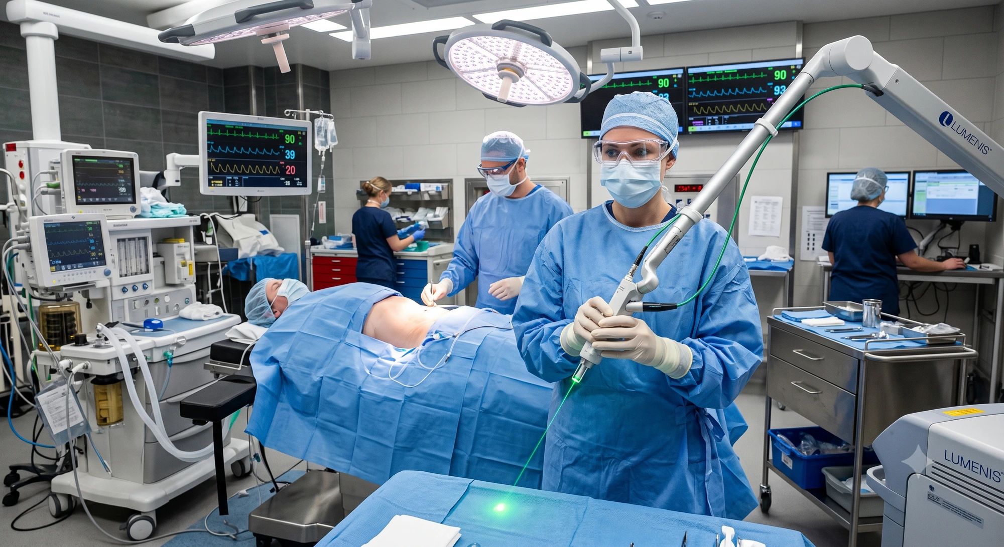 Dr. Vikas Matai in the operating theatre using a Lumenis laser system