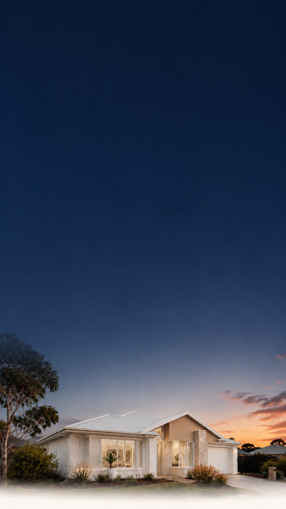 A dusk render of a new build home at twilight - sunset sky over a single-storey Australian home