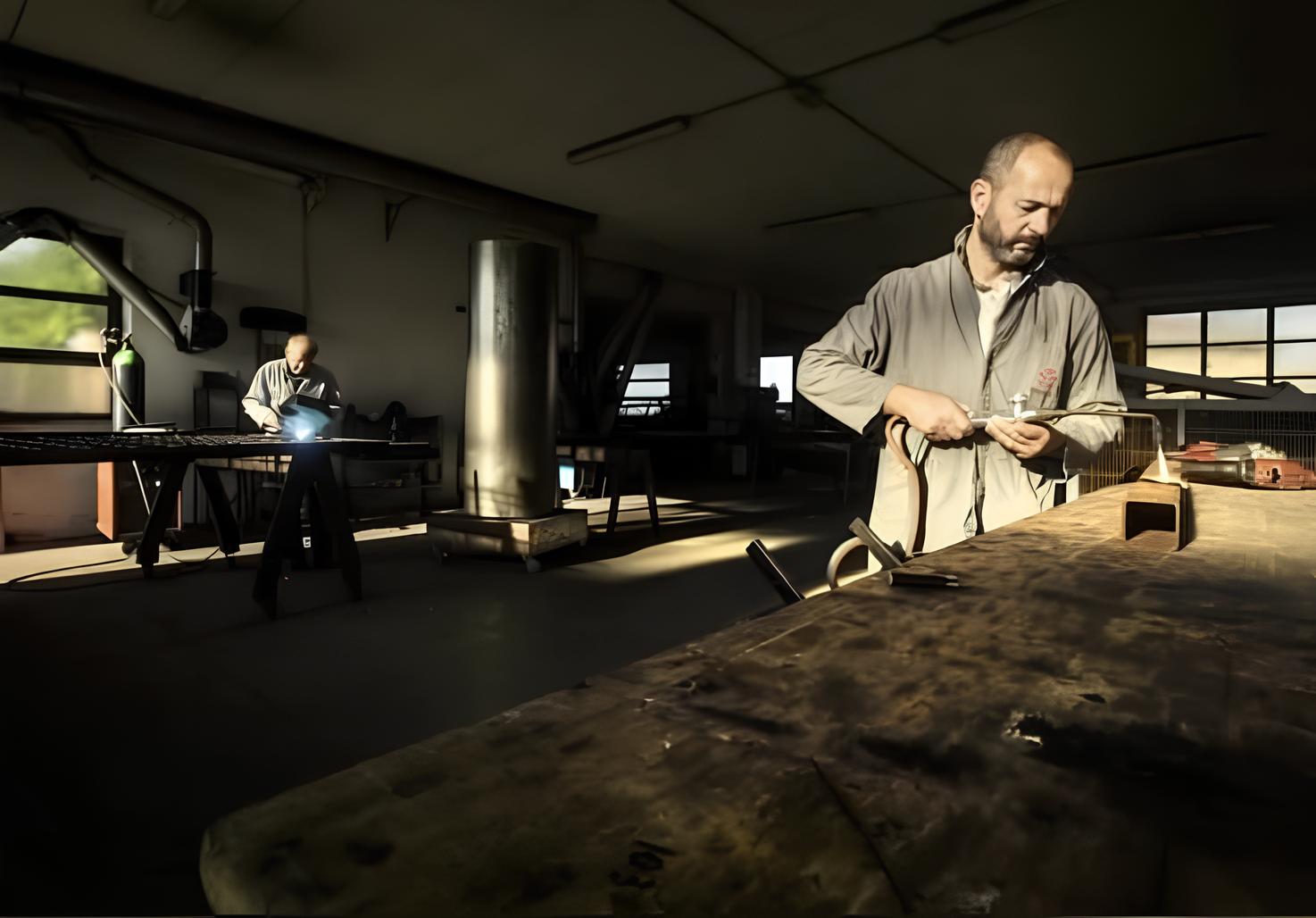 Artigiano fabbro al lavoro nell'officina
