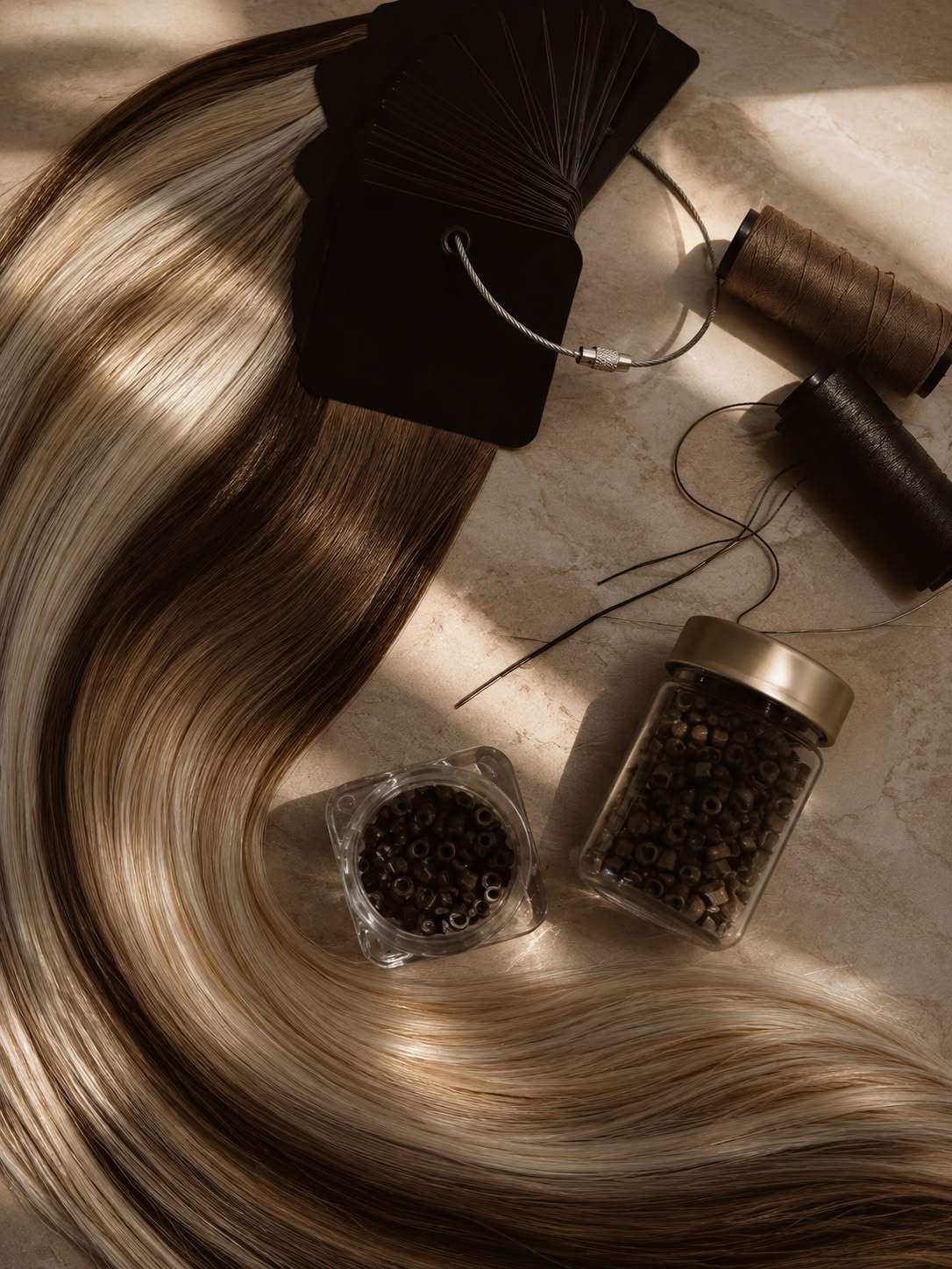Hair wefts with extension beads and thread