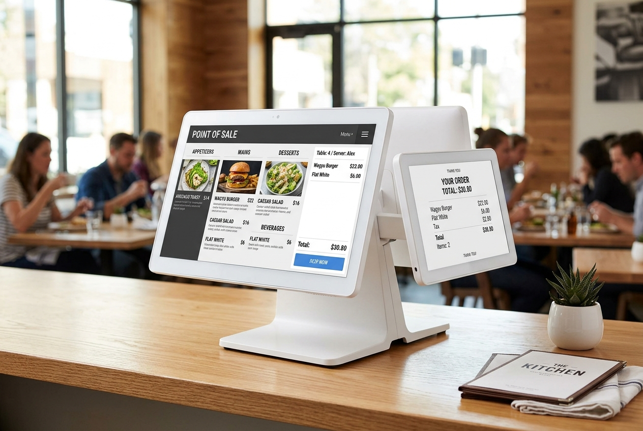 White two-screen POS display with staff and customer screens