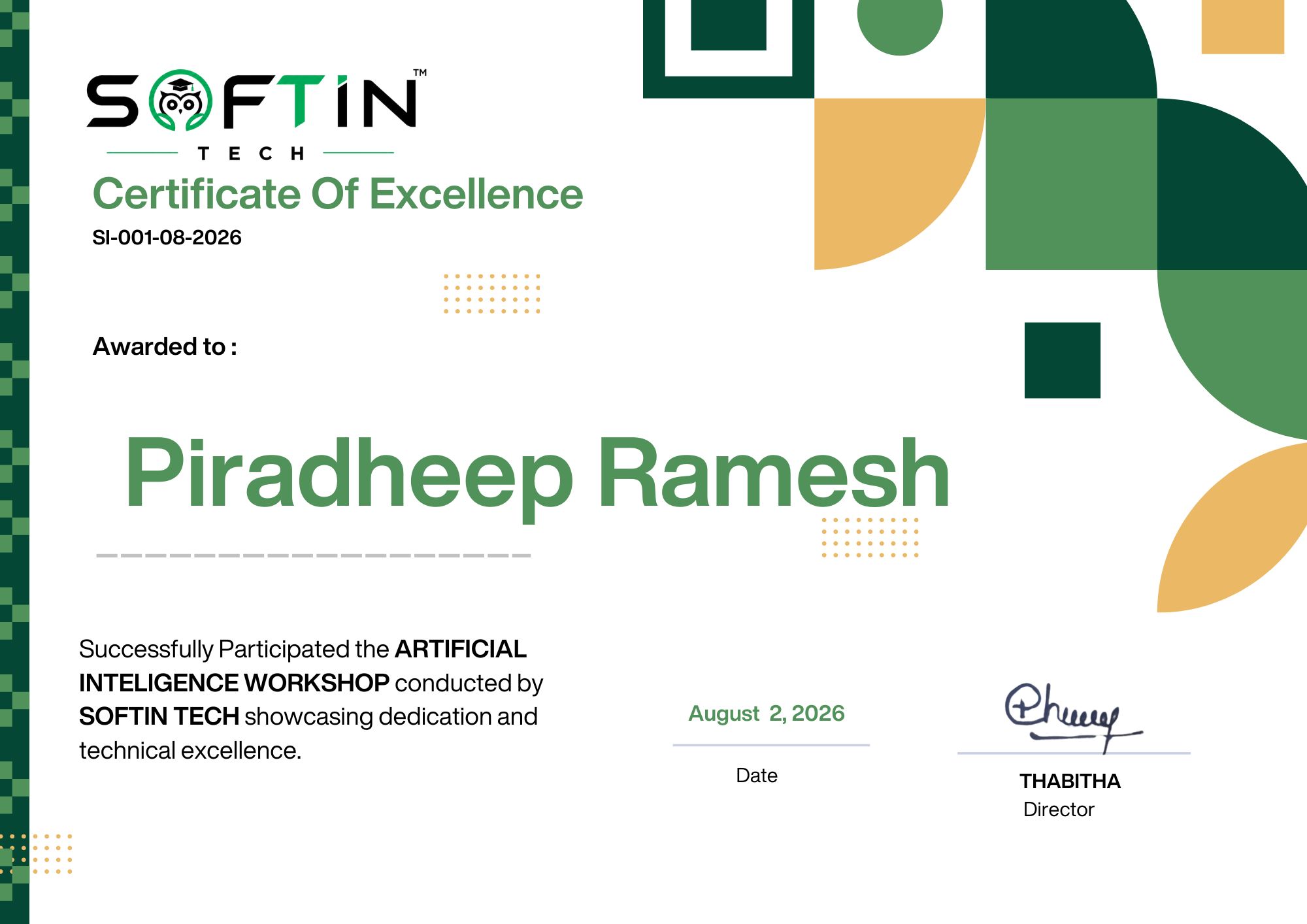 Workshop certificate sample