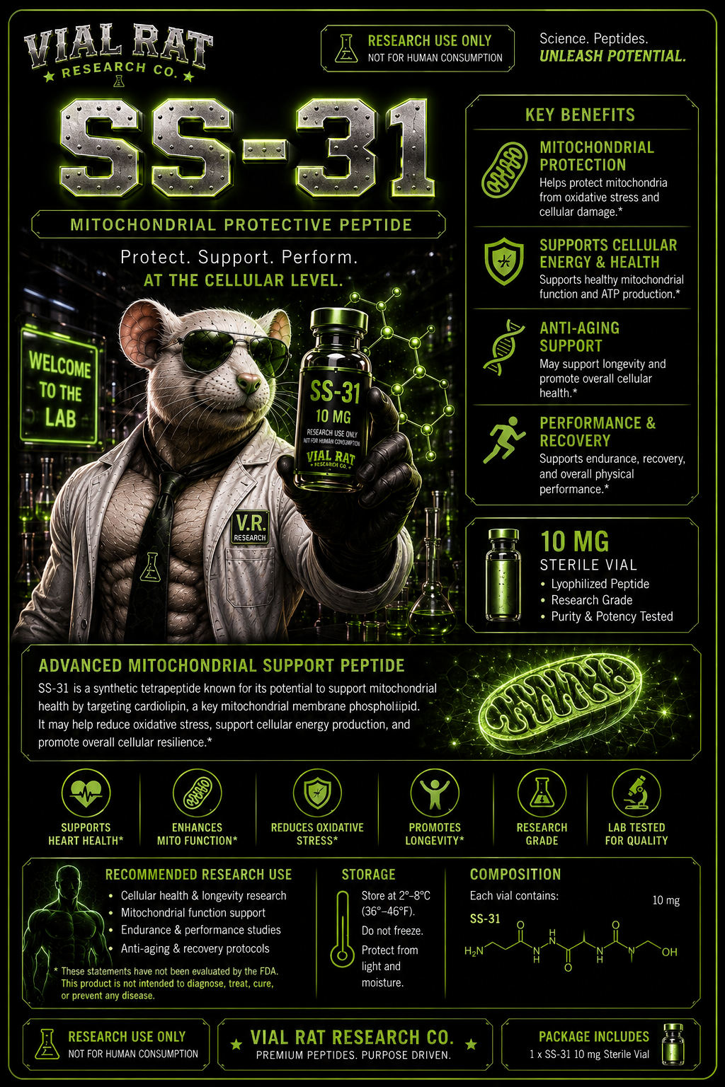 SS-31 10 mg — research peptide from Vial Rat Research Co.