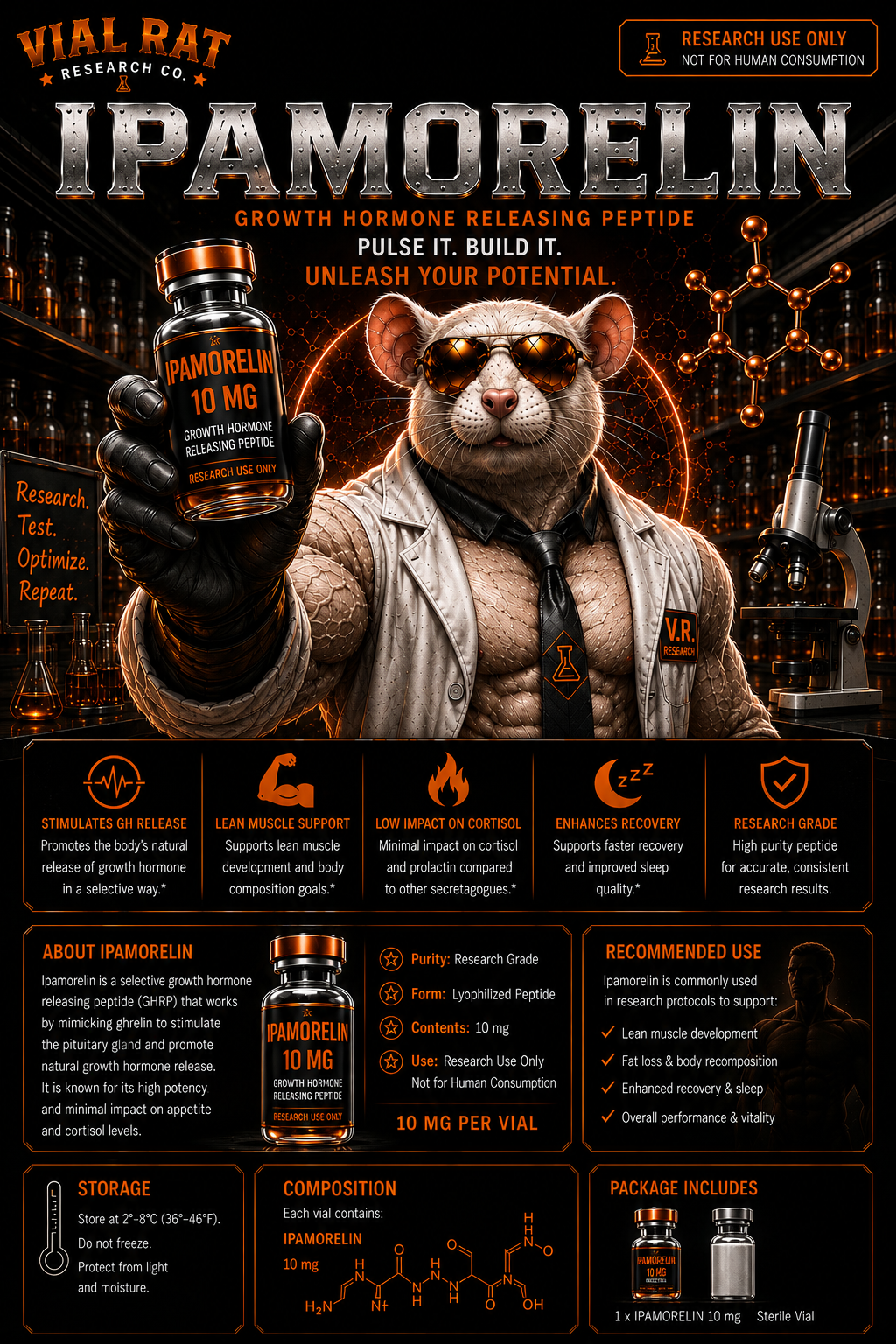 Ipamorelin 10 mg — research peptide from Vial Rat Research Co.