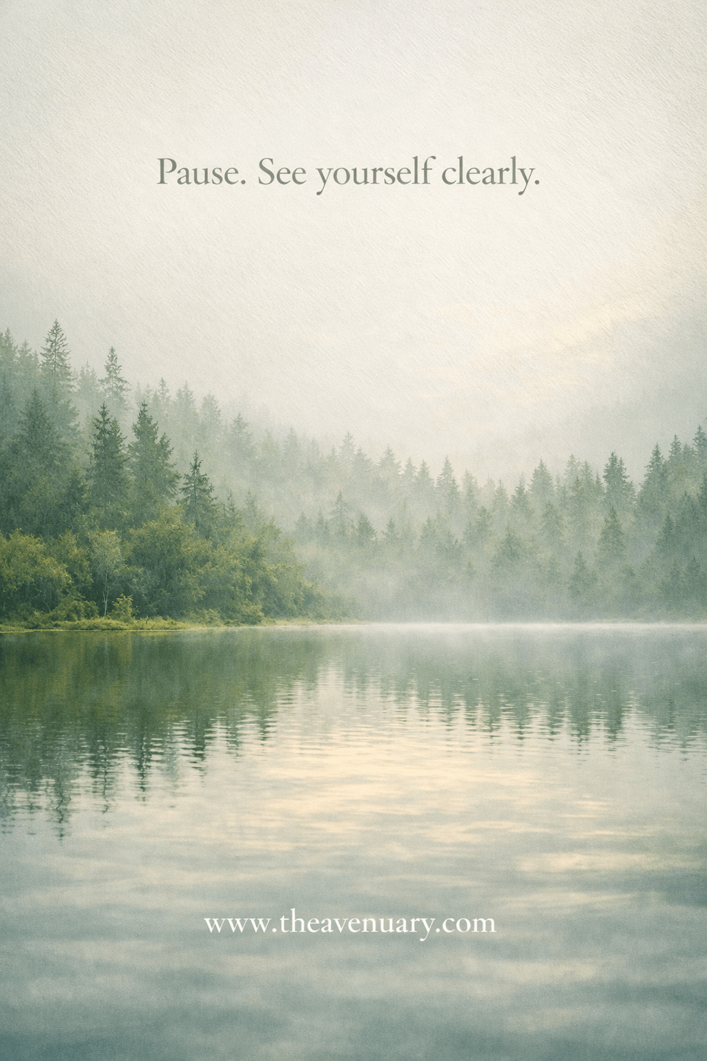 A misty alpine lake surrounded by dark pines and low clouds, still water mirroring the sky like a held breath.