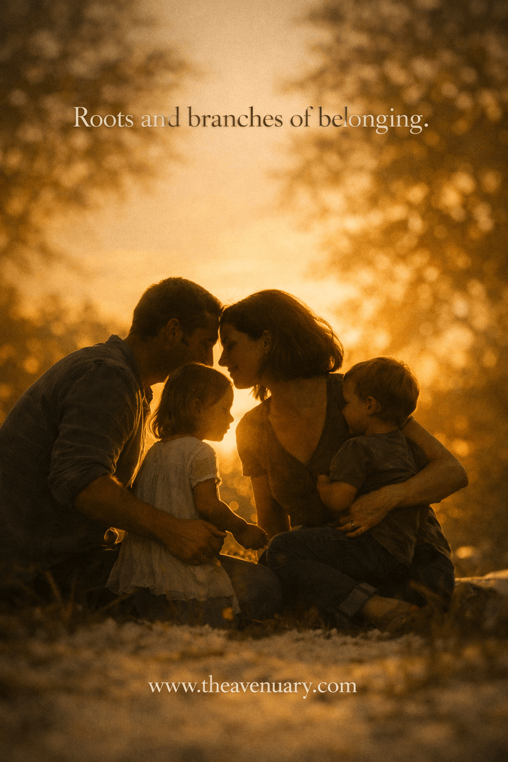 A family of four in silhouette walks a wildflower field at dusk, hand in hand under a low golden sun.