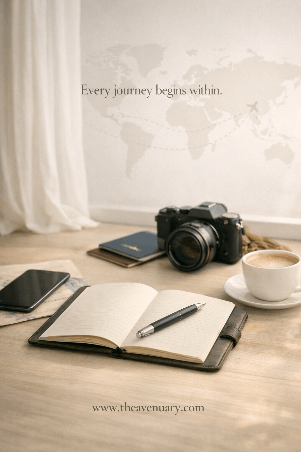 An open leather-bound travel journal with a fountain pen lies on a wooden desk beside a camera, a small dark passport, and a cup of coffee, with a faint world map on the wall behind — the words "Every journey begins within." floating in the light above.