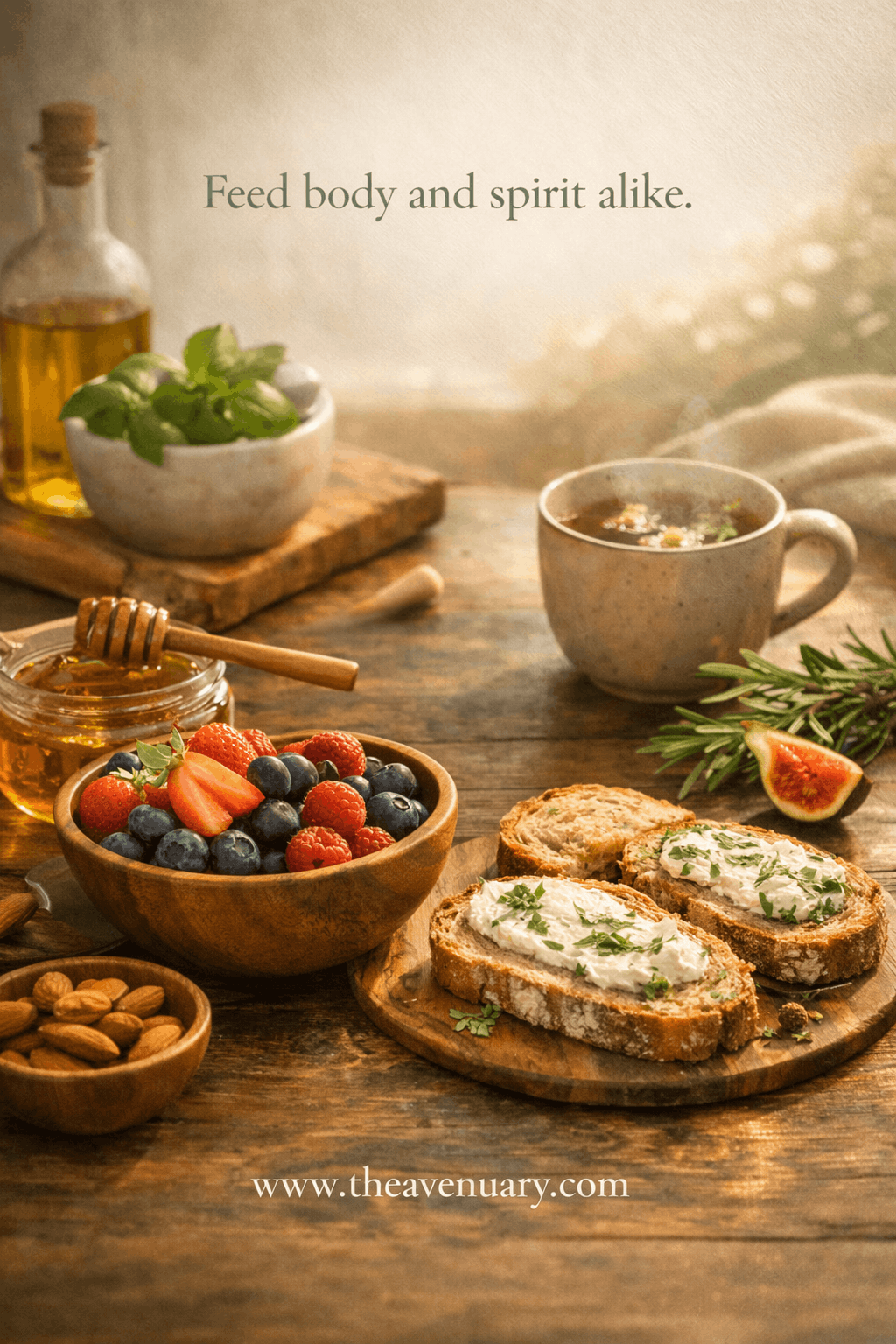 A rustic breakfast table set with sliced sourdough, ripe figs, a bowl of berries, honey in a glass jar, and a small ceramic teapot on a linen runner.