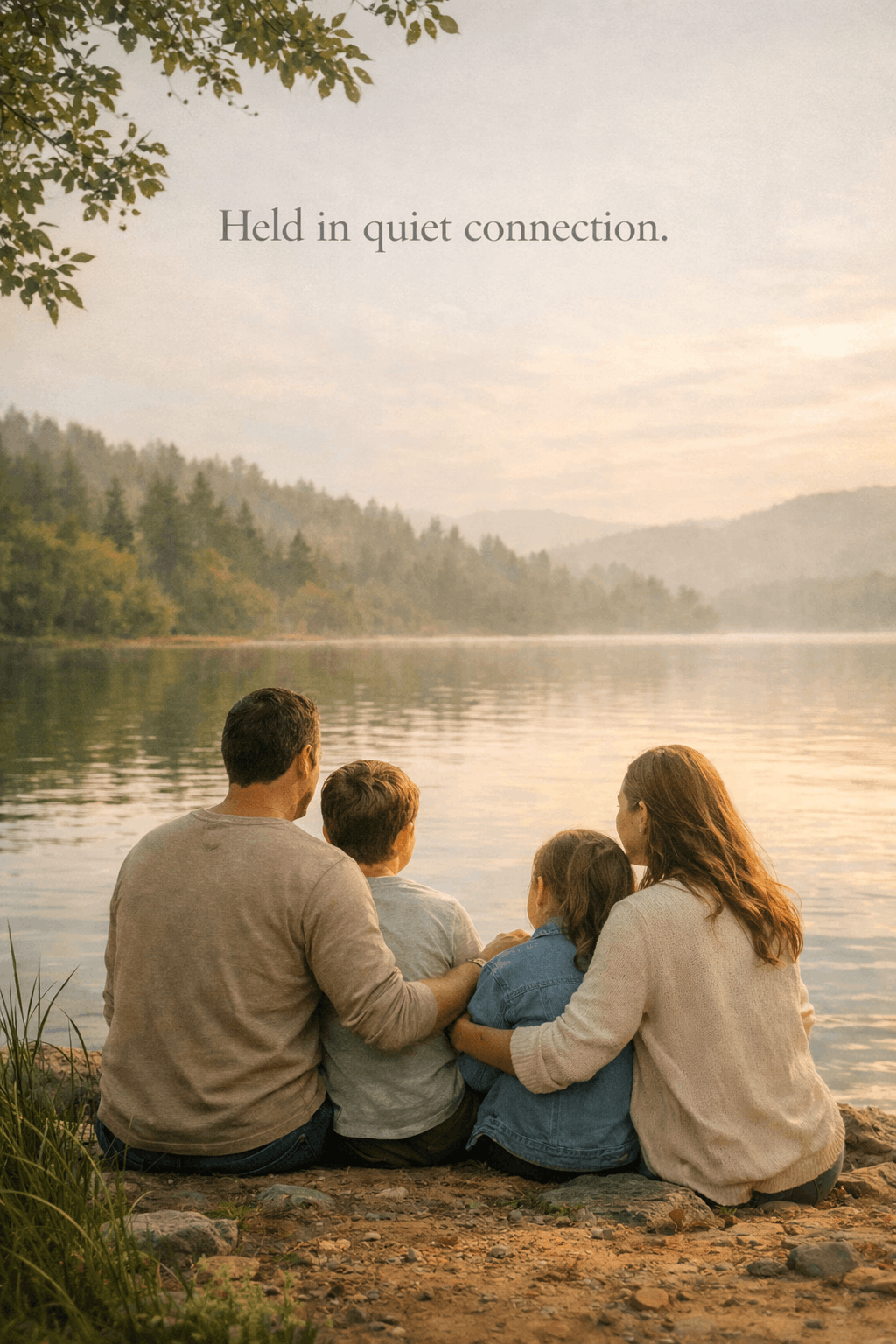 A family of four sits close together on a pebbled shore at dawn, backs to the camera, watching mist rise off a mountain lake framed by autumn trees — the words "Held in quiet connection." set against the sky.
