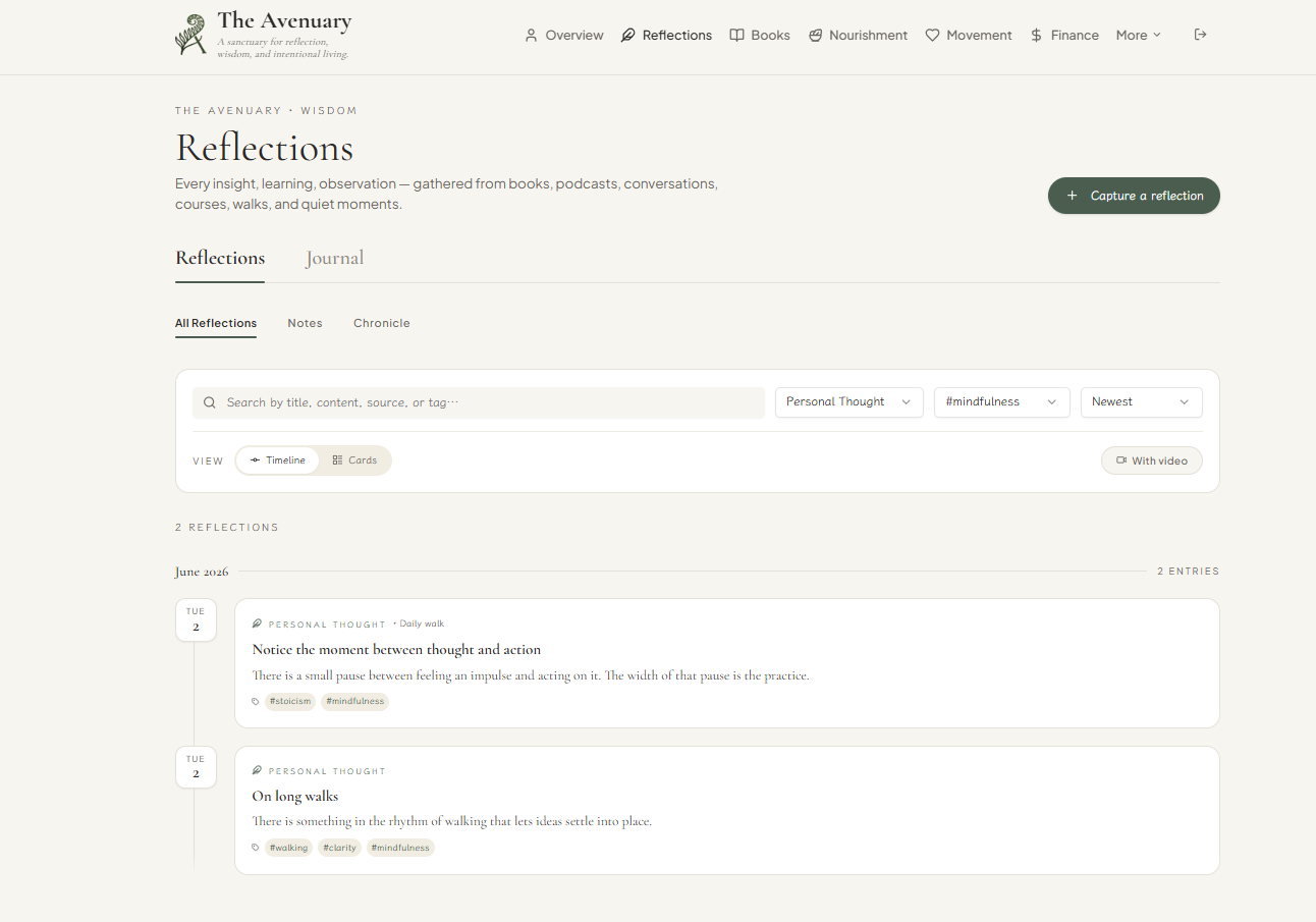 The Reflections page of The Avenuary — a chronological timeline of personal thoughts tagged with #stoicism, #mindfulness, and #walking.