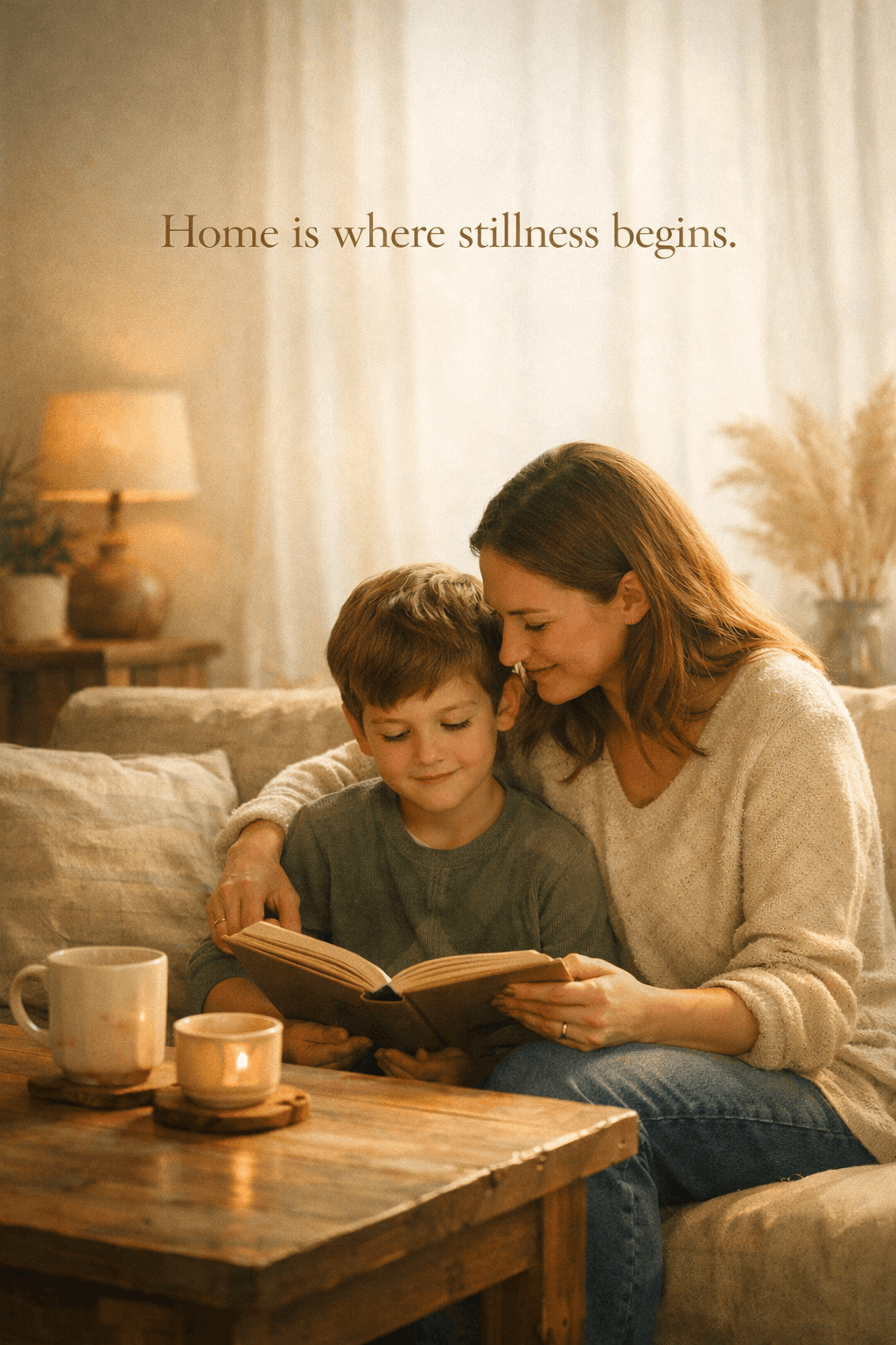 A mother and young son sit close together on a soft-lit sofa reading a book, a warm ceramic mug and a small candle on the low wooden table in front of them — the words "Home is where stillness begins." set against the curtain behind.