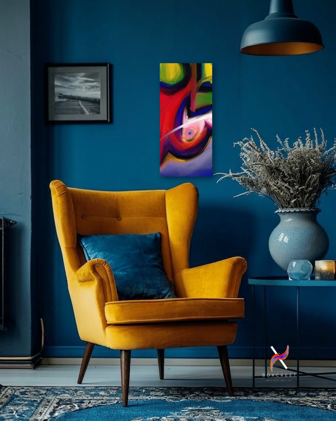 Original Boxcreet artwork displayed as a framed print in a designed interior