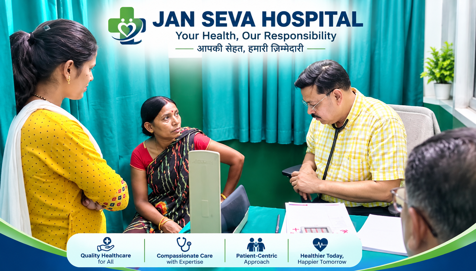 Doctor at Jan Seva Hospital, Gaya consulting patients with family