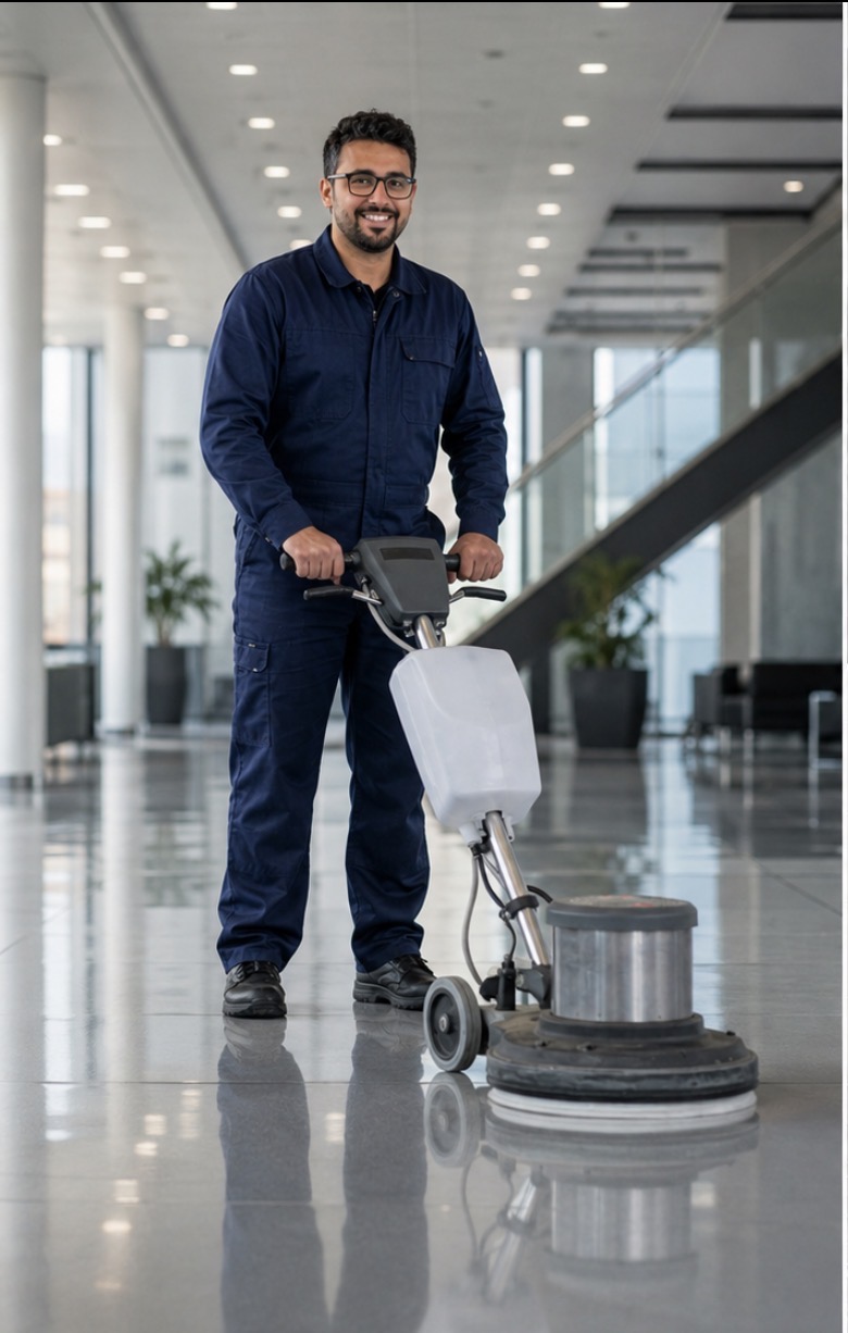 Sparko specialist operating a professional floor-polishing machine